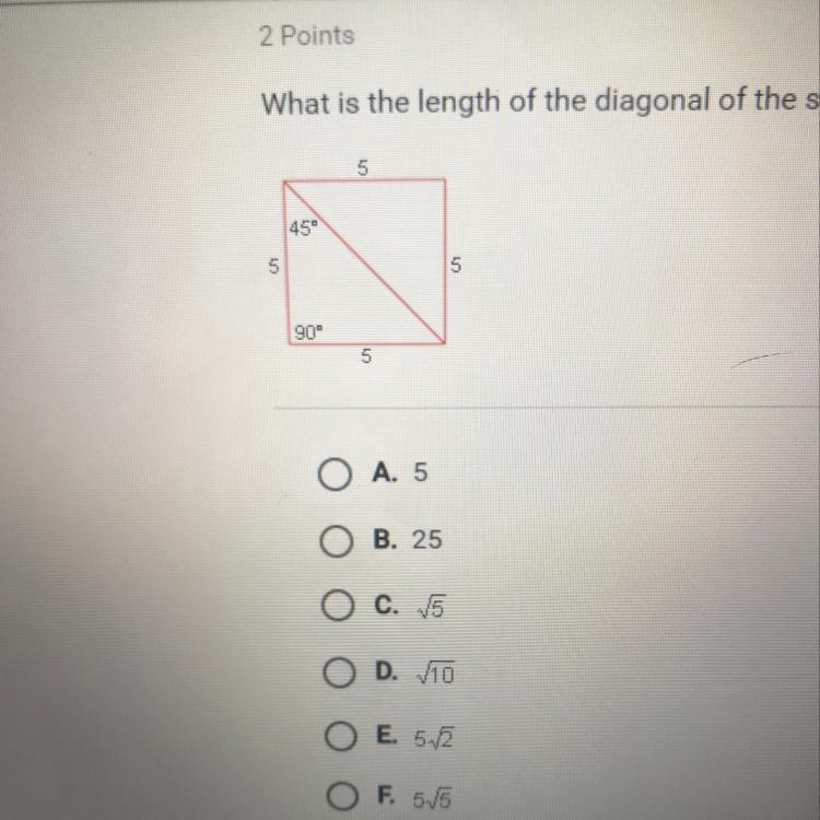 What is the length of the diagonal of the square shown below?