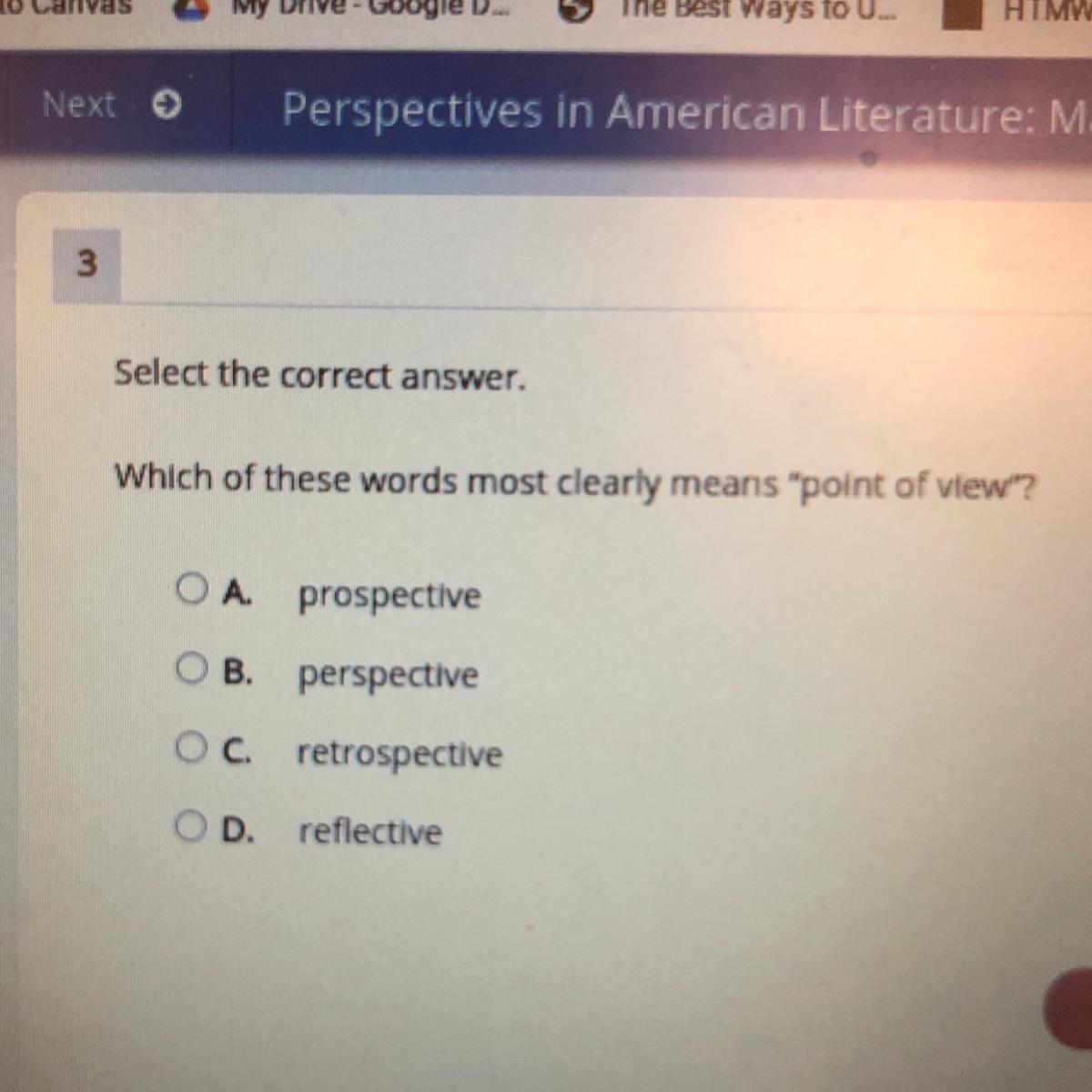 Which One Of These Words Most Clearly Means "Point Of View￼?" - Brainly.com