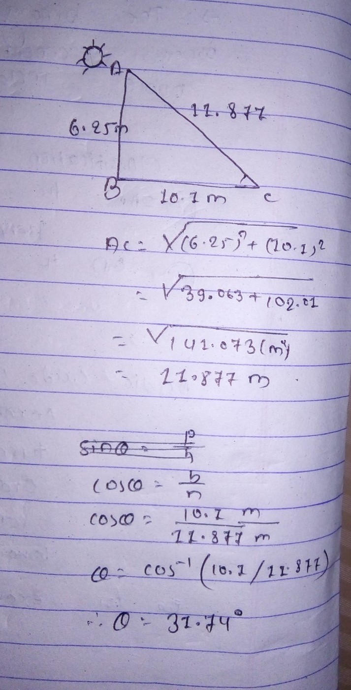 What Is The Angle Of Elevation Of The Sun When A Tree 6.25 Meters Tall Casts A Shadow 10.1 Meters - Brainly.com