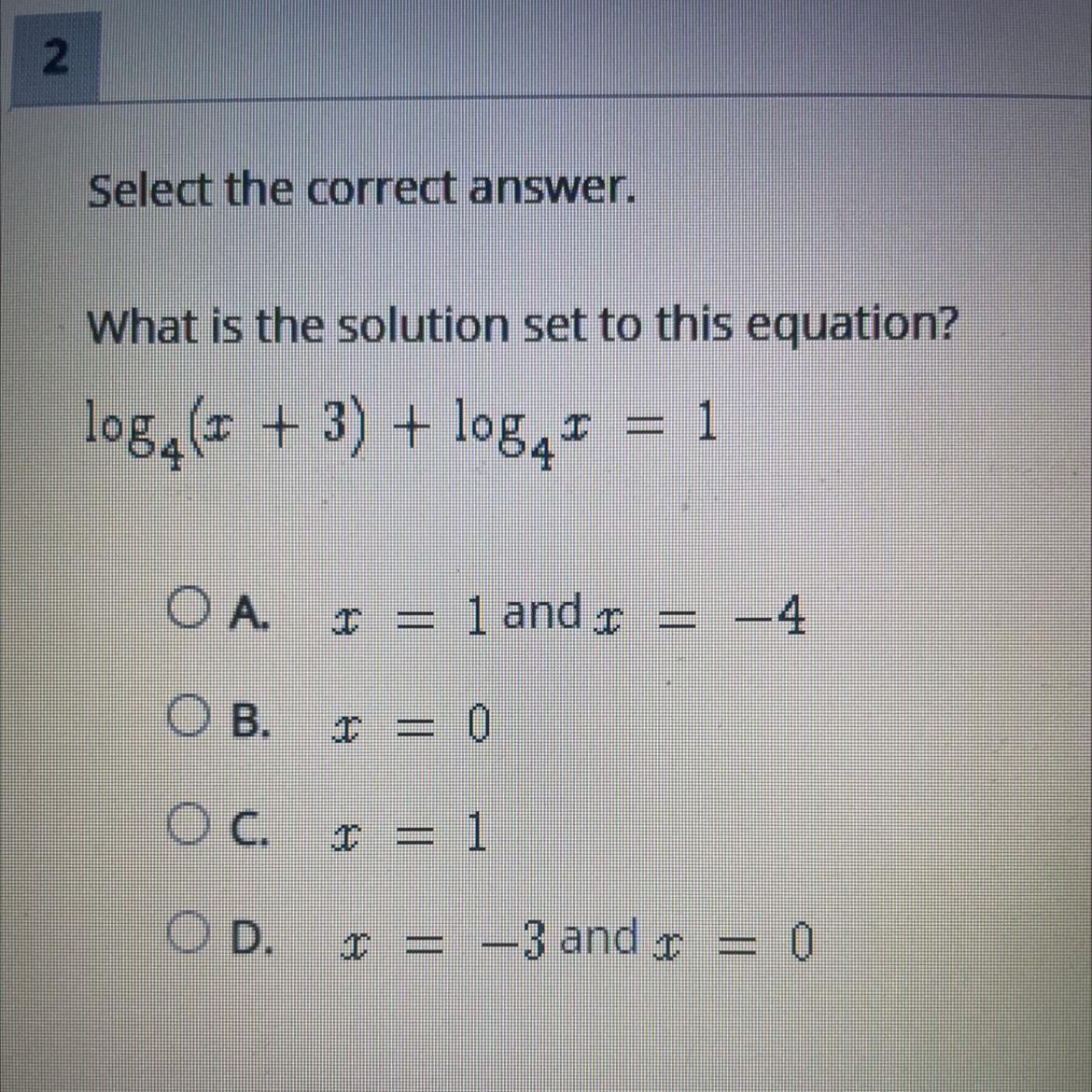📈What is the solution set to this equation? log_4(x + 3) + log_4x = 1