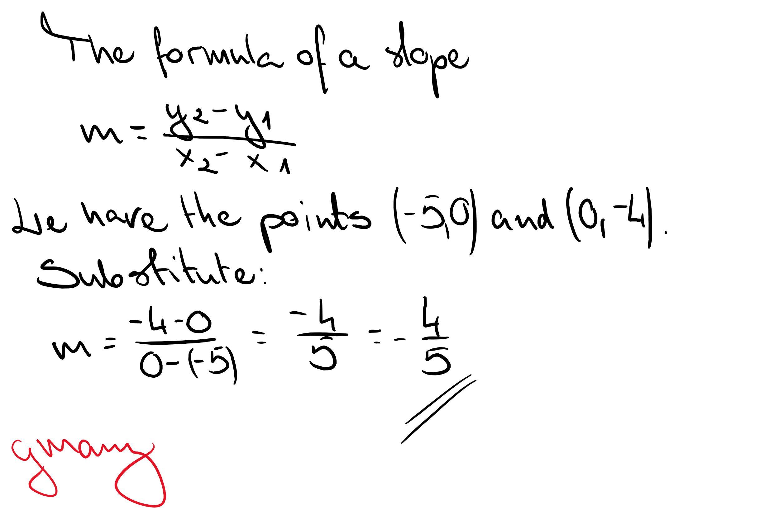 The line graphed below passes through the points (5, 0) and (0, 4