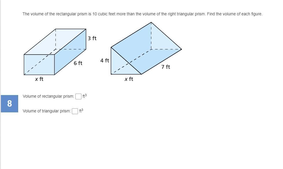 The volume of the rectangular prism is 10 cubic feet more than the volume of the right