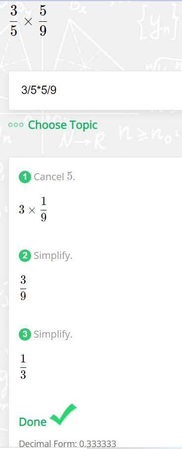 Find the sum of the product of 3/5 and 5/9 and the product of 5/9 and 3