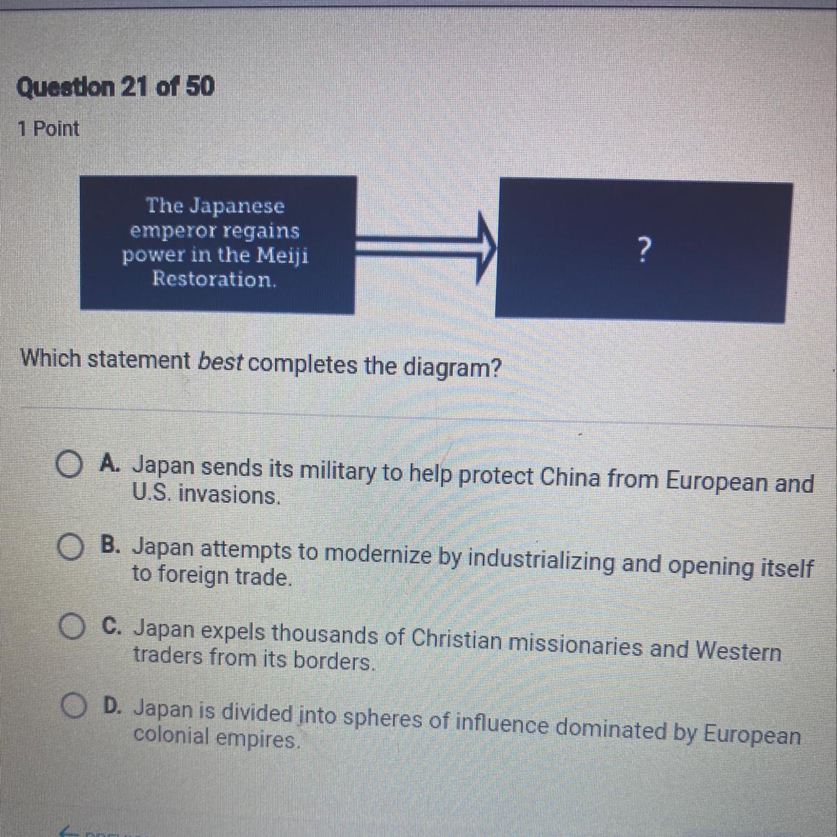 Which Statement Best Completes The Diagram? A. Japan Sends Its Military To Help Protect China From - Brainly.com