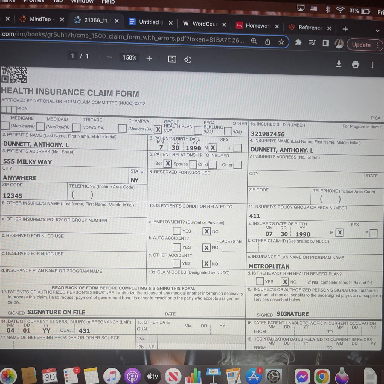 Review the CMS1500 claim with errors to identify each error. Provide a list of each error