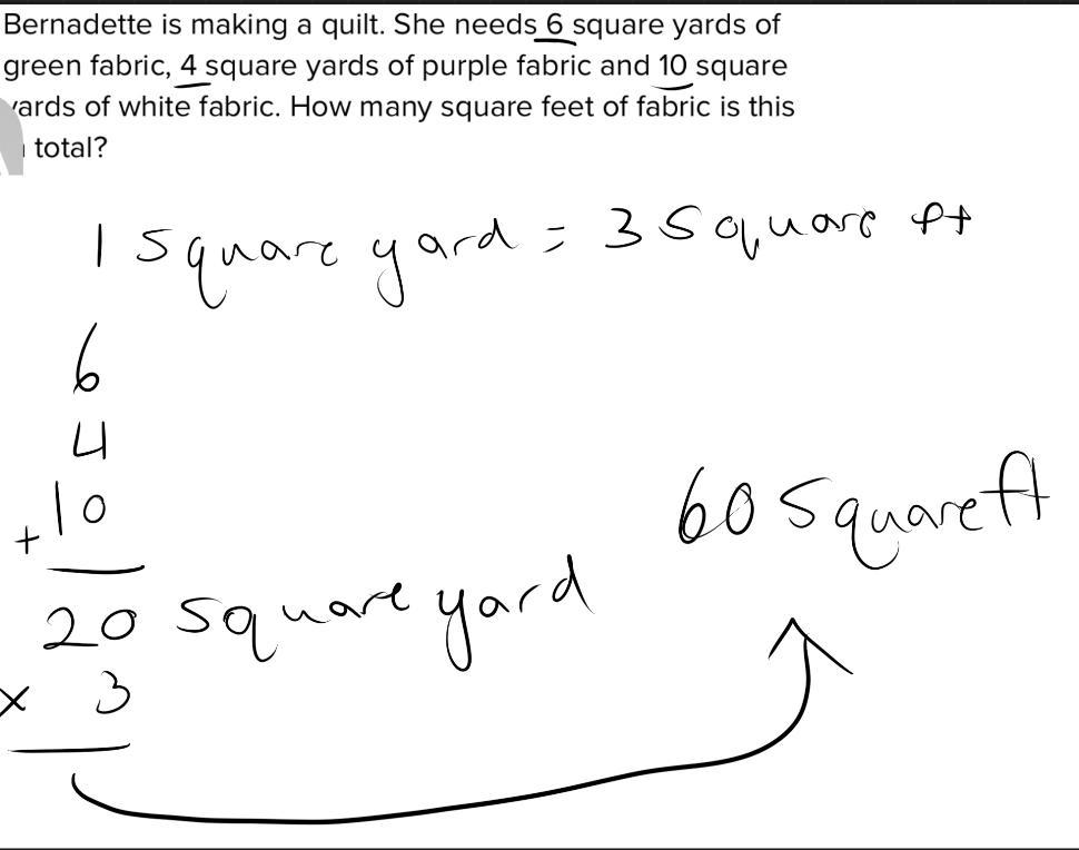 Bernadette is making a quilt. She needs 6 square yards of green fabric