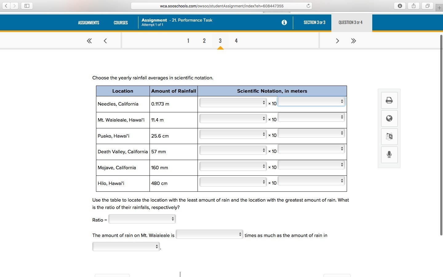 Choose the yearly rainfall averages in scientific notation. Location