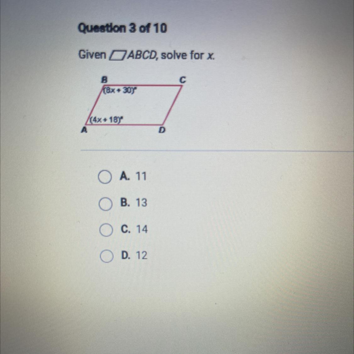 📈Given Abcd, Solve For X. A. 11 B. 13 C. 14 D. 12 - Brainly.com
