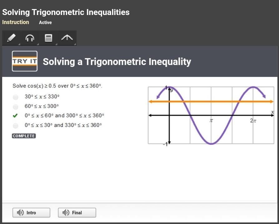 📈Solve cos(x) ≥ 0.5 over 0° ≤ x ≤ 360°Solving a Trigonometric