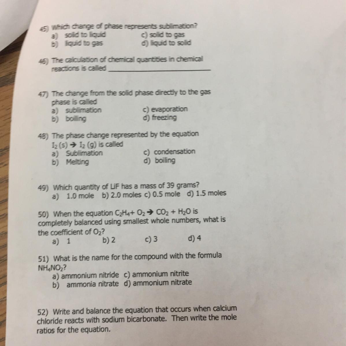 11th grade chemistry study guide need help