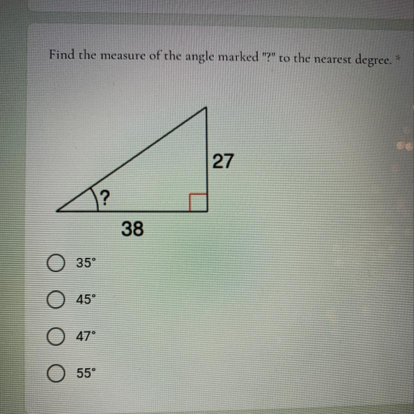 Find the measure of the angle marked "?" to the nearest degree
