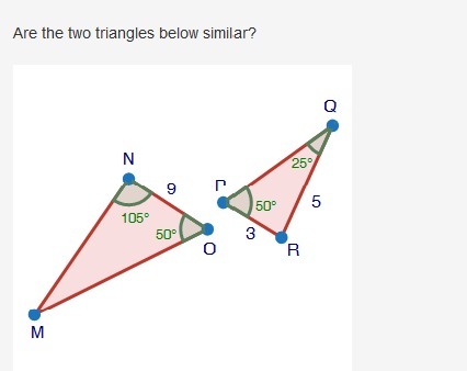 Are The Two Triangles Below Similar? Triangles Mno And Prq Are Shown. Angle N Measures 105 Degrees, - Brainly.com
