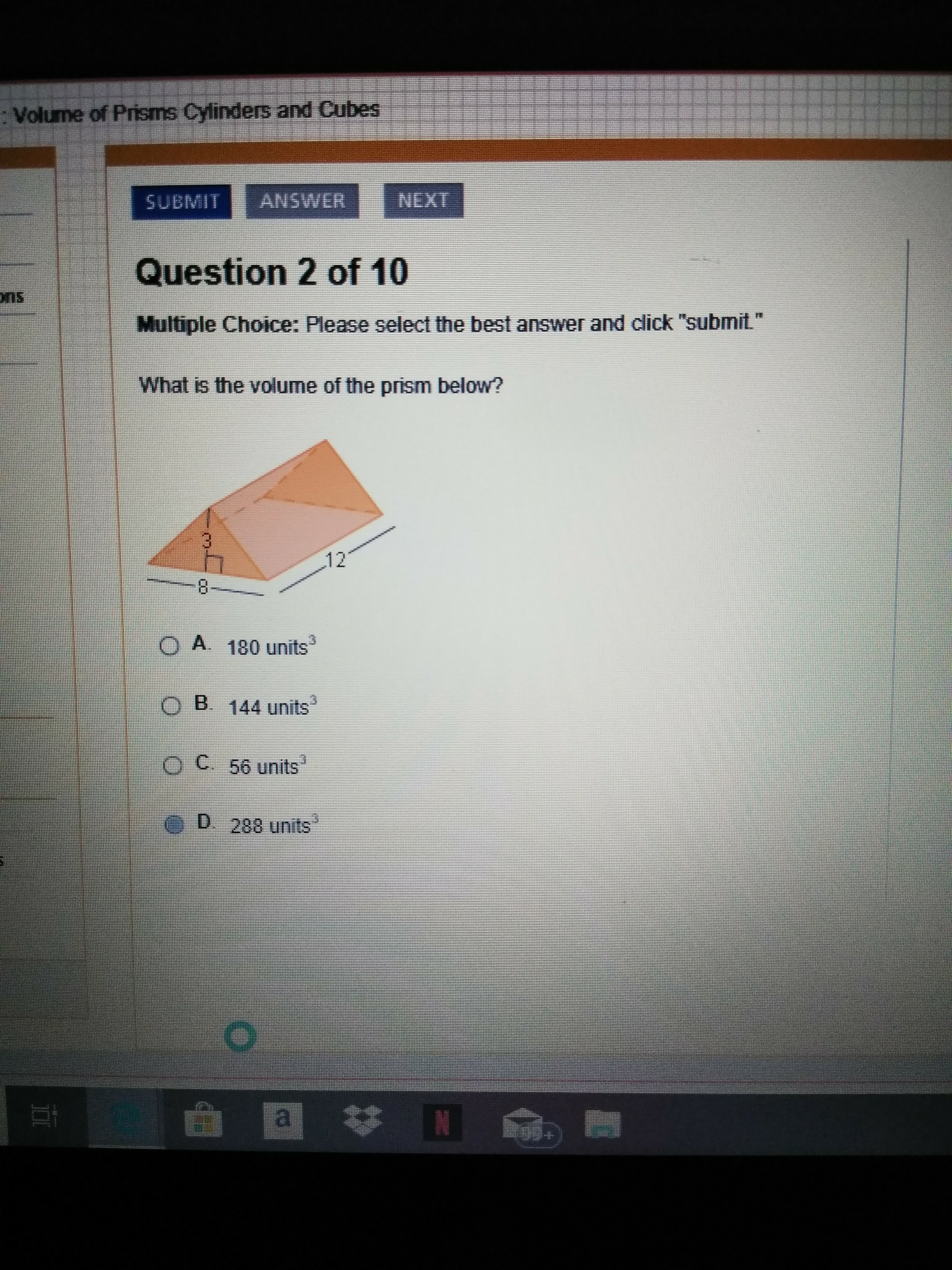 What Is The Volume Of The Prism Below? - Brainly.com