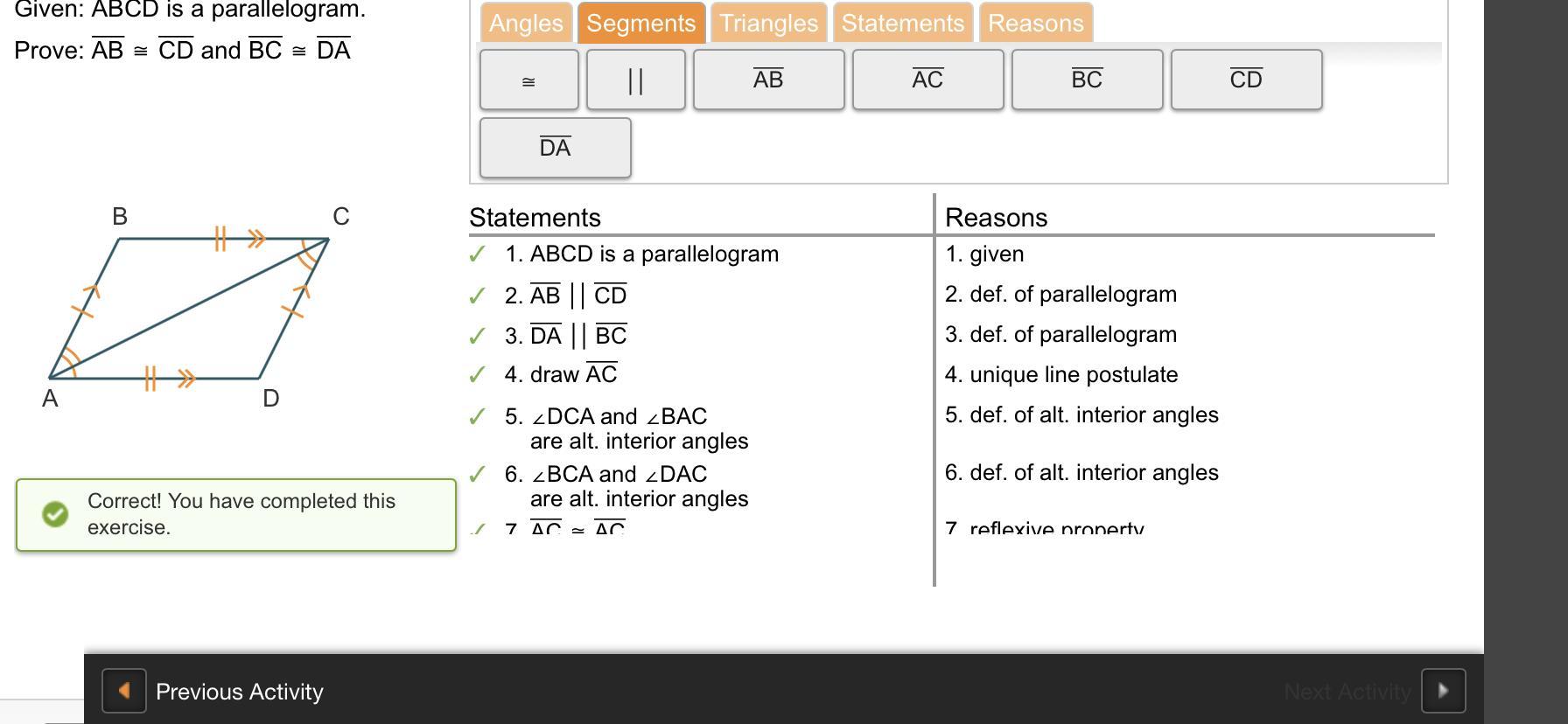 Proving the Parallelogram Side Theorem Given ABCD is a parellelogram