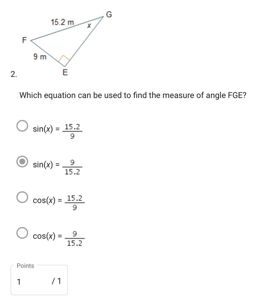 Which equation can be used to find the measure of angle FGE? sin(x