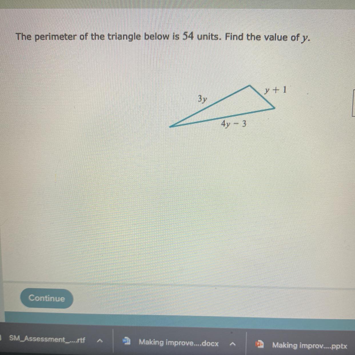 The perimeter of the triangle below is 54 units. Find the value of y
