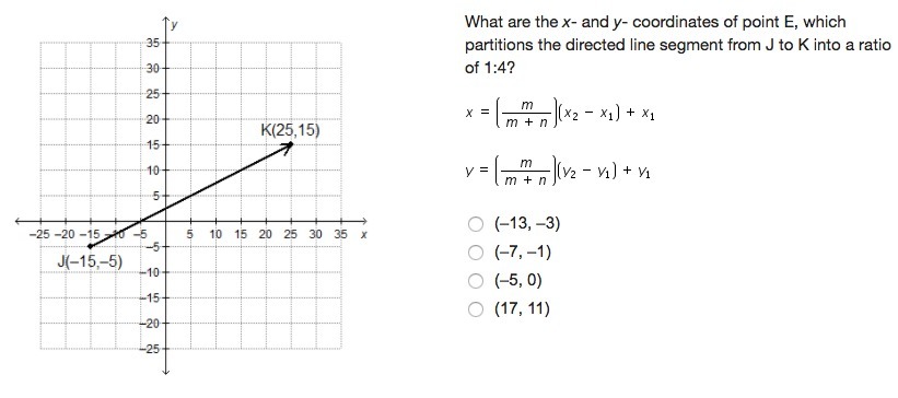 What are the x and y coordinates of point E, which partitions the