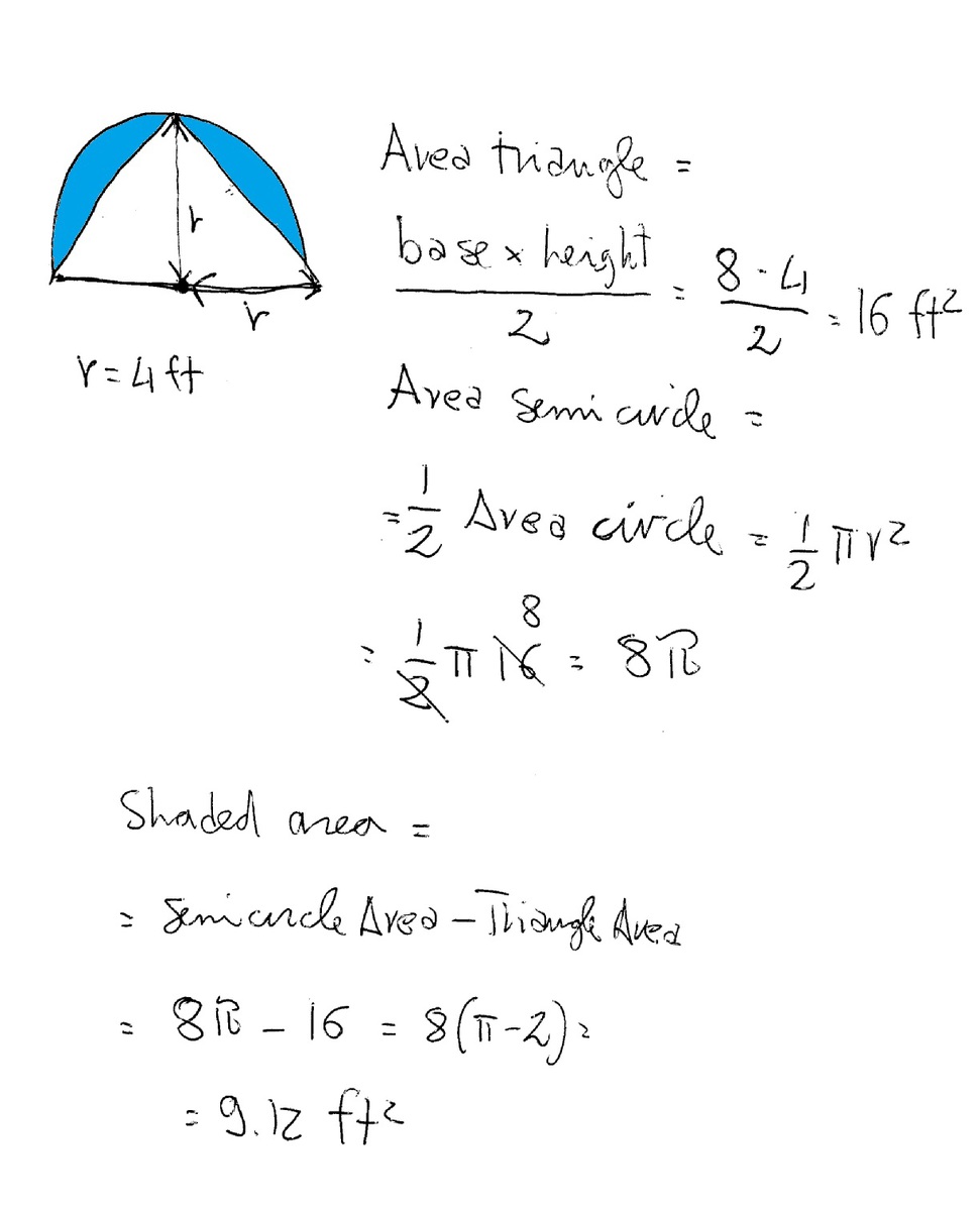 A triangle is placed in a semicircle with a radius of 4ft Find the area