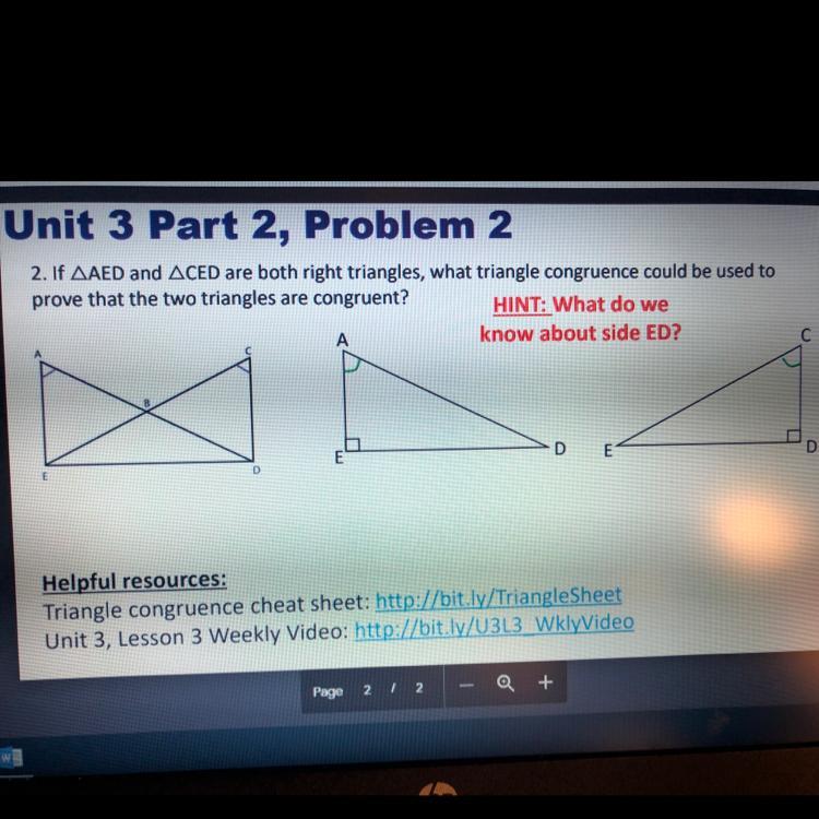 If AED and CED are both right triangles, what triangle congruence could