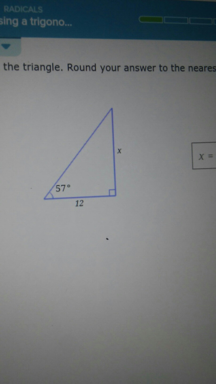 solve for x in the triangle. Round your answer to the nearest tenth