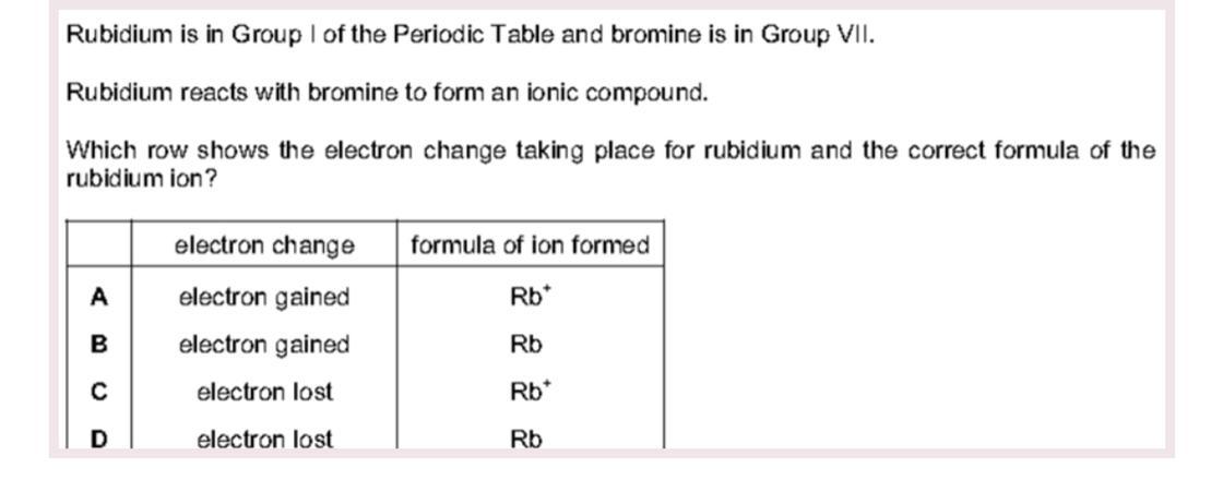 Rubidium is in Group I of the Periodic Table and bromine is in Group