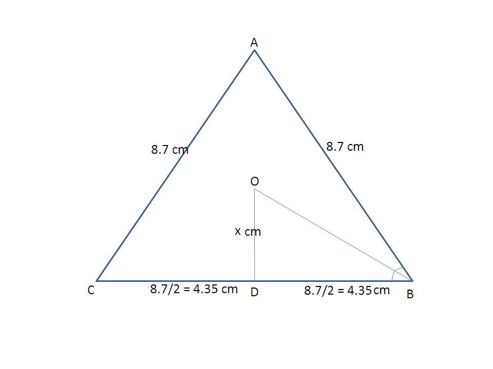 An equilateral triangle with side lengths of 8. 7 centimeters is shown