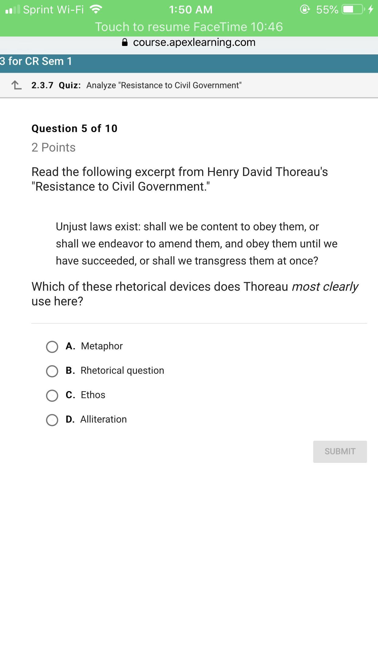 Which Of These Rhetorical Devices Does Thoreau Most Clearly Use Here? - Brainly.com