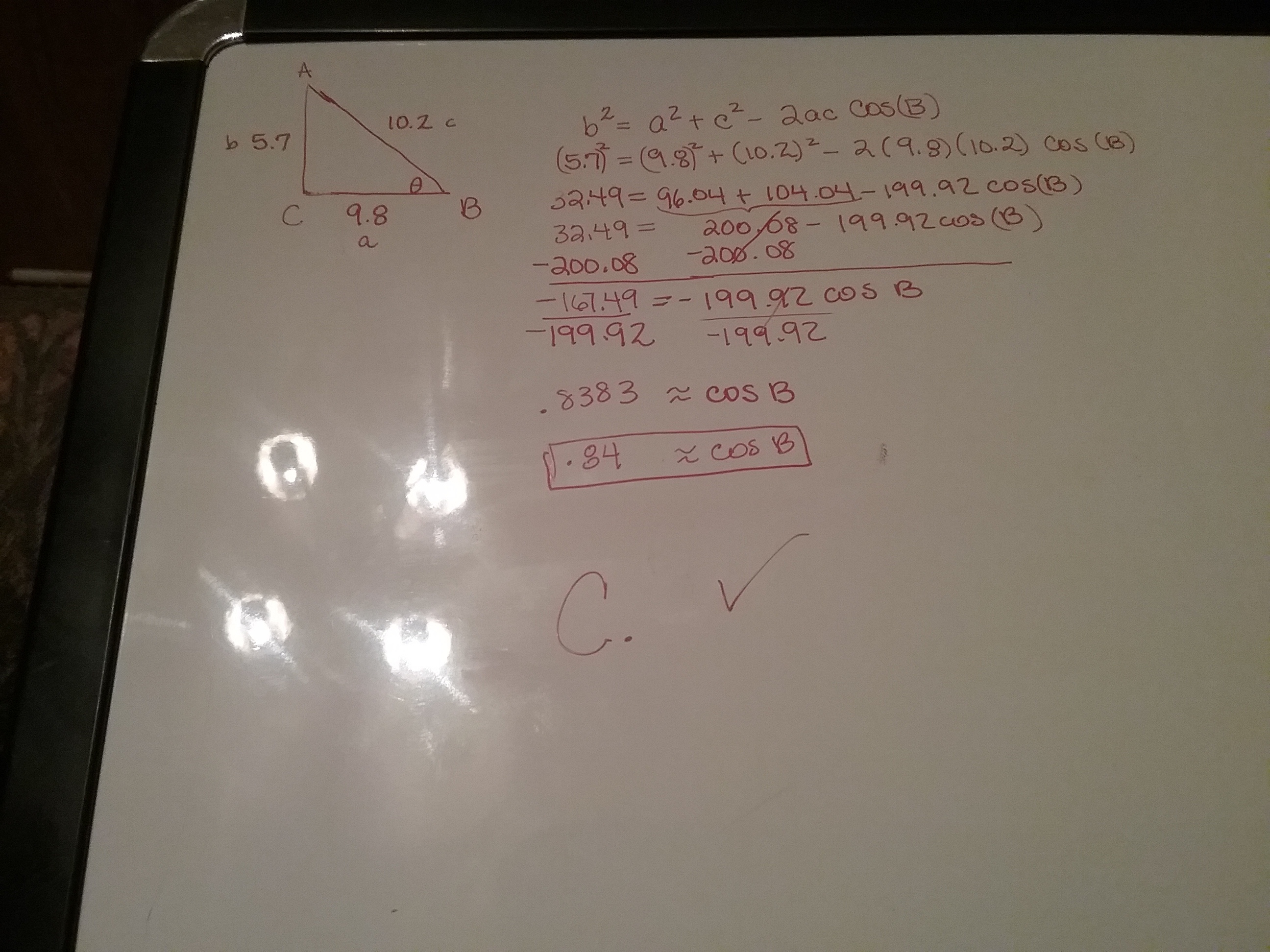 use the law of cosines to find the value of cos theta. round your