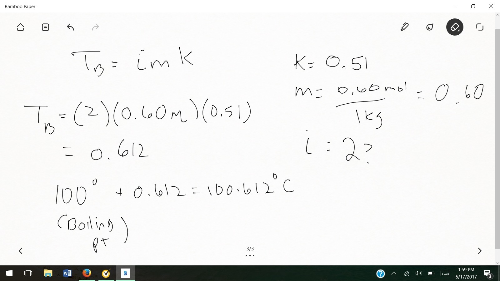 Determine the boiling point of a solution made by dissolving 0.60 mol