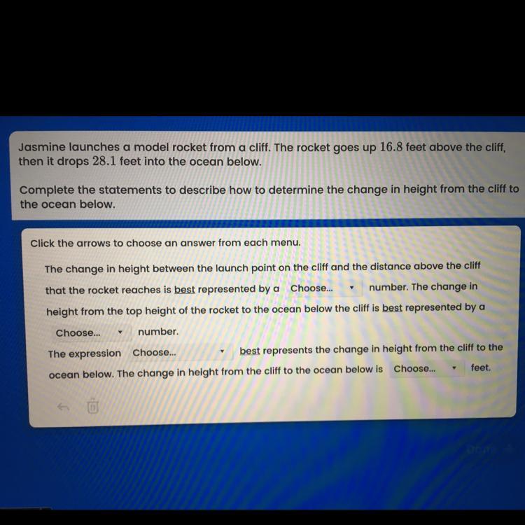 Jasmine launches a model rocket from a cliff. The rocket goes up 16.8
