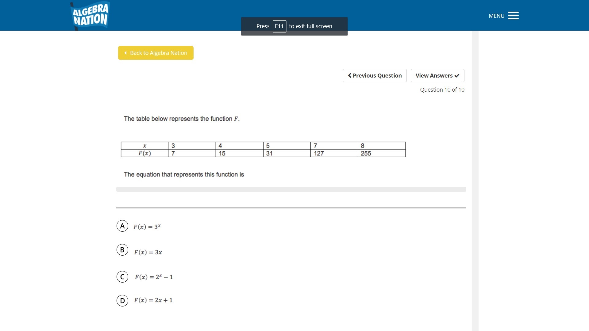 The Table Below Represents The Function F Help - Brainly.com