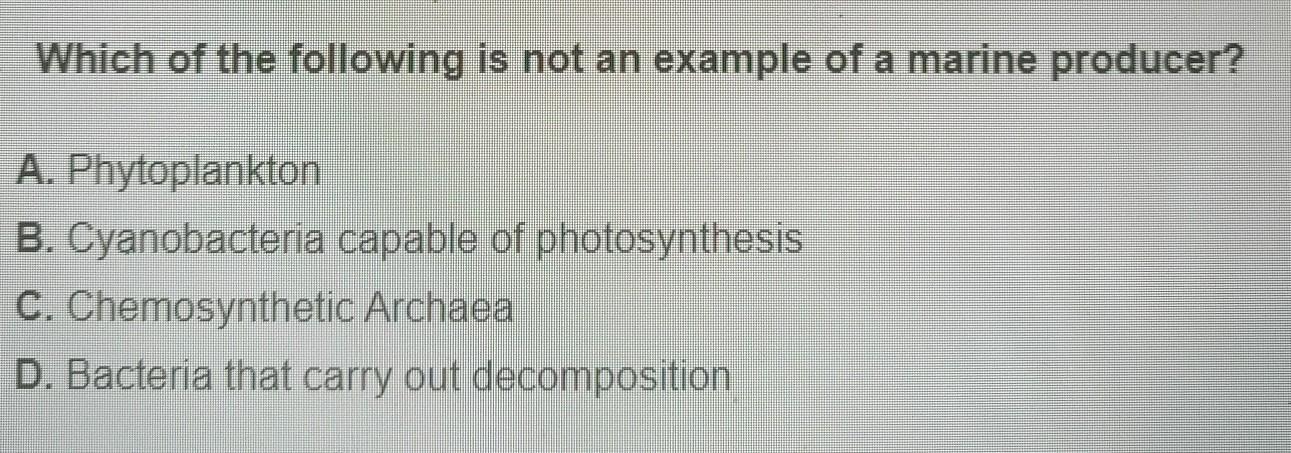 which of the following is not an example or a marine producer? ABCD