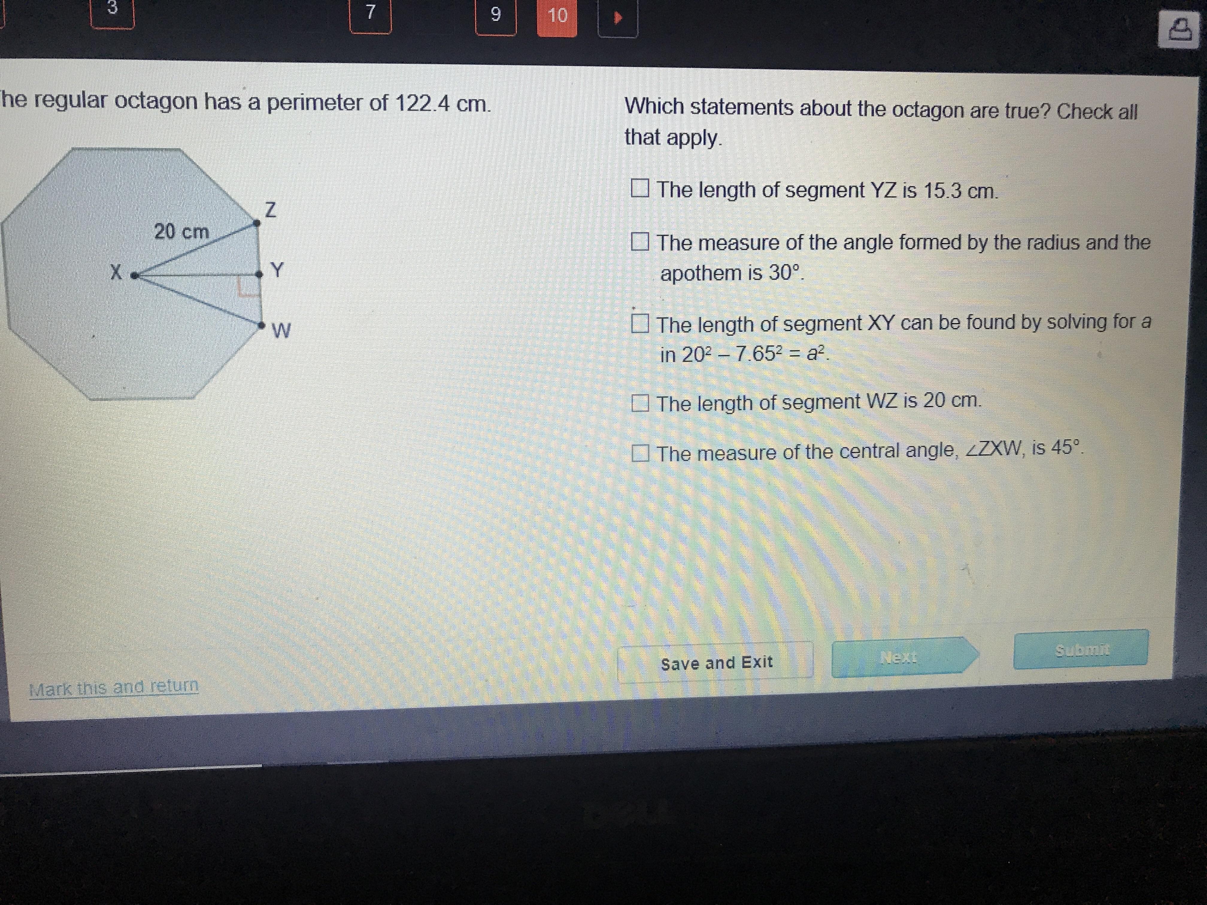 The regular octagon has a perimeter of 122.4 cm. Which statements about