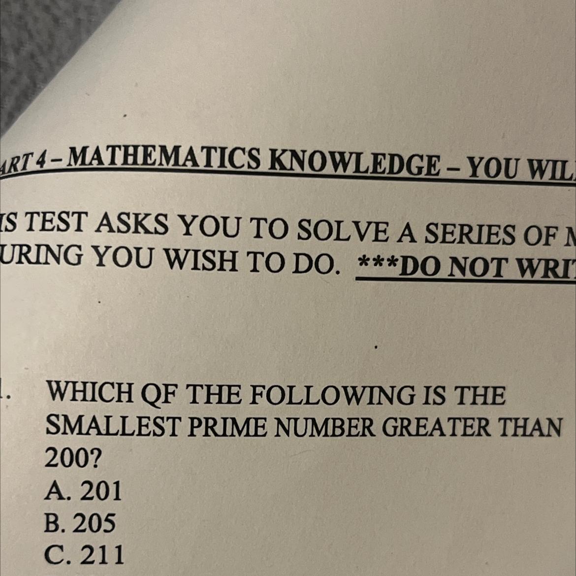 Which of the following is the smallest prime number greater than 200