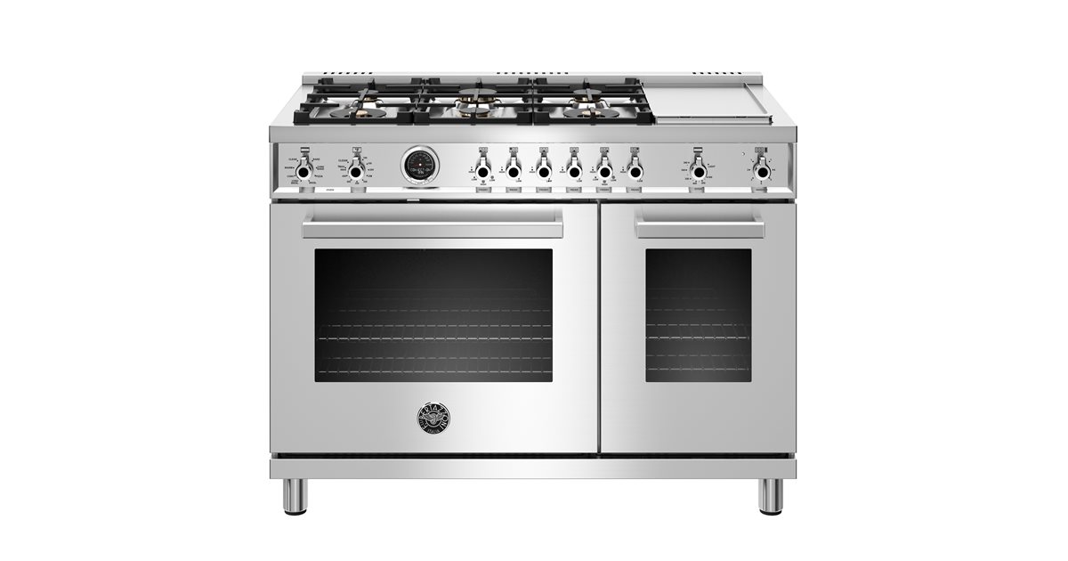 48 inch Dual Fuel Range, 6 Brass Burners and Griddle , Electric Self Clean Oven Bertazzoni