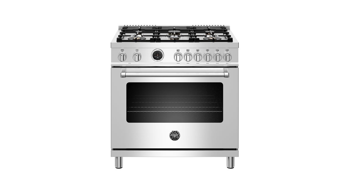 36 inch Dual Fuel Range, 6 Brass Burners, Electric SelfClean Oven