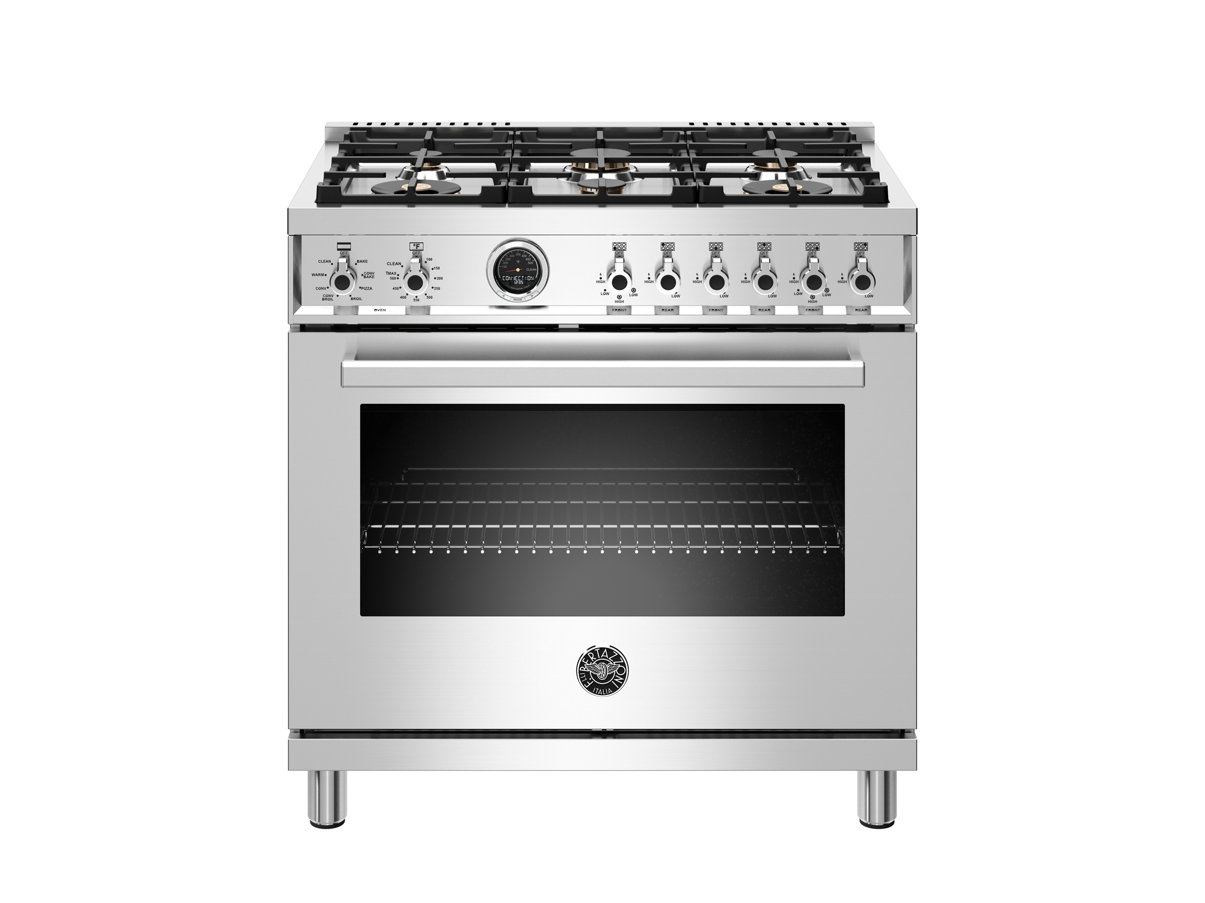 36 inch Dual Fuel Range, 6 Brass Burner, Electric SelfClean Oven