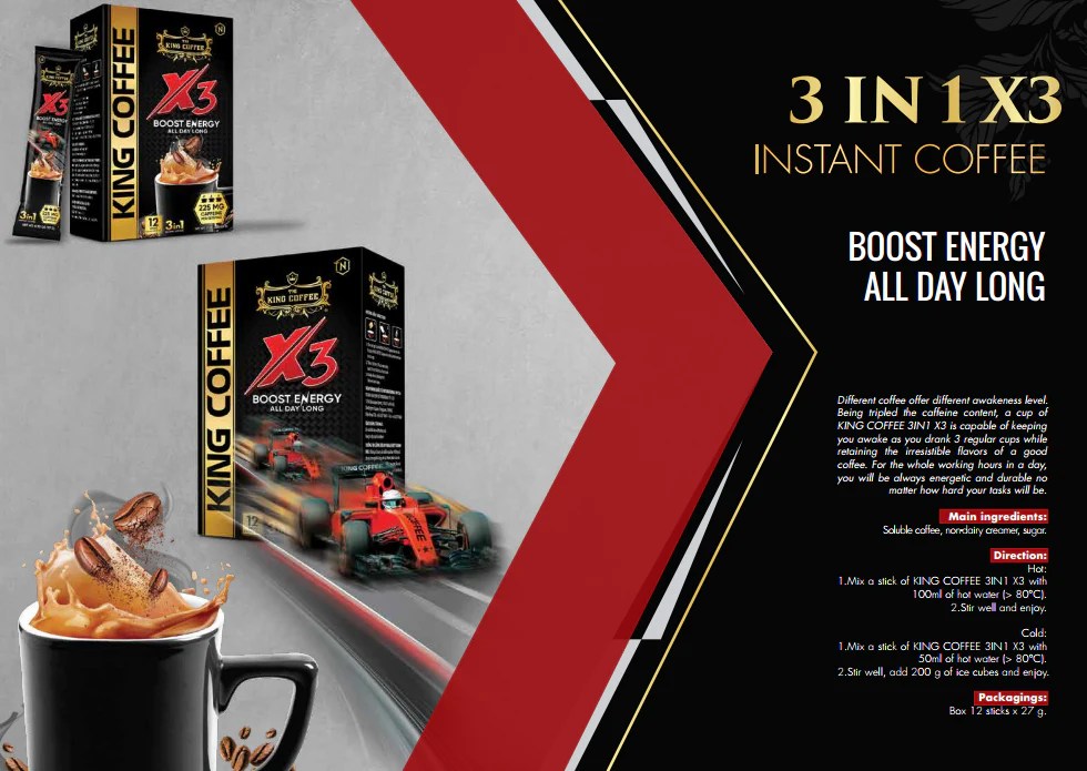 King Coffee 3in1 X3 Boost Enegry Instant Coffee 12 Sticks Pack of