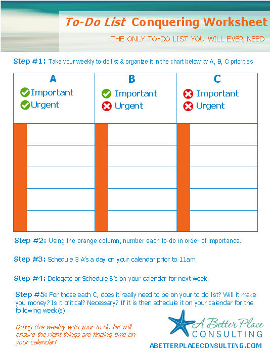 To Do List Conquering Worksheet A Better Place Consulting
