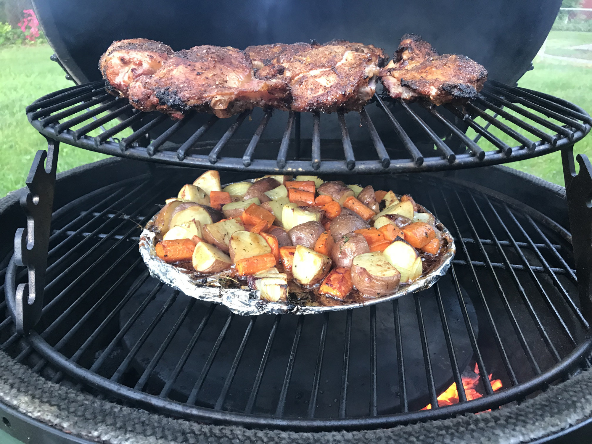 Chicken over root vegetables — Big Green Egg Forum