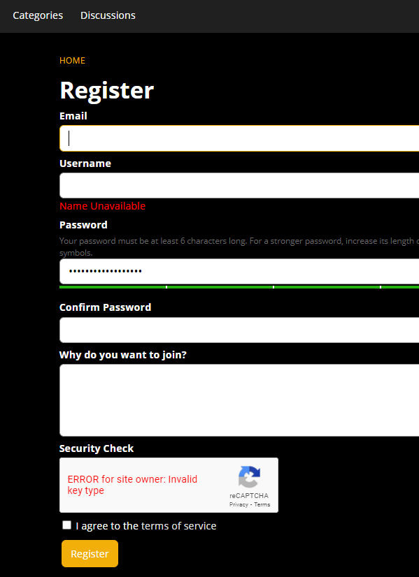 reCAPTCHA error ERROR for site owner Invalid key type — Vanilla Forums