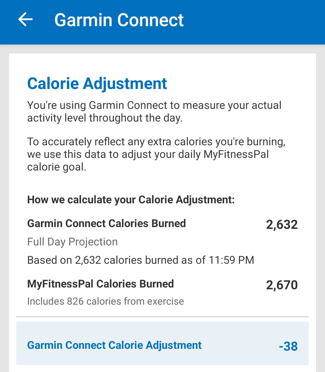 Garmin recording and calorie adjustments —