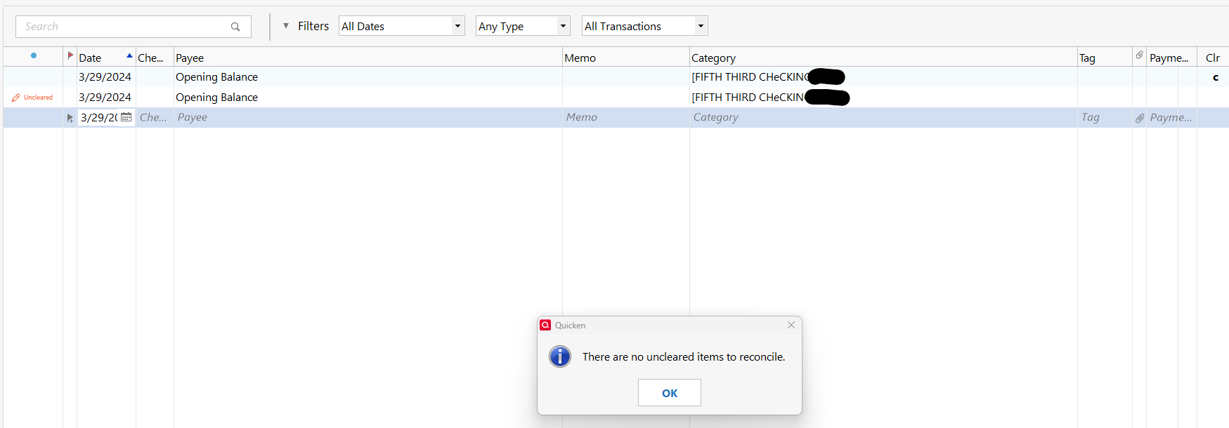 No transactions to reconcile. — Quicken