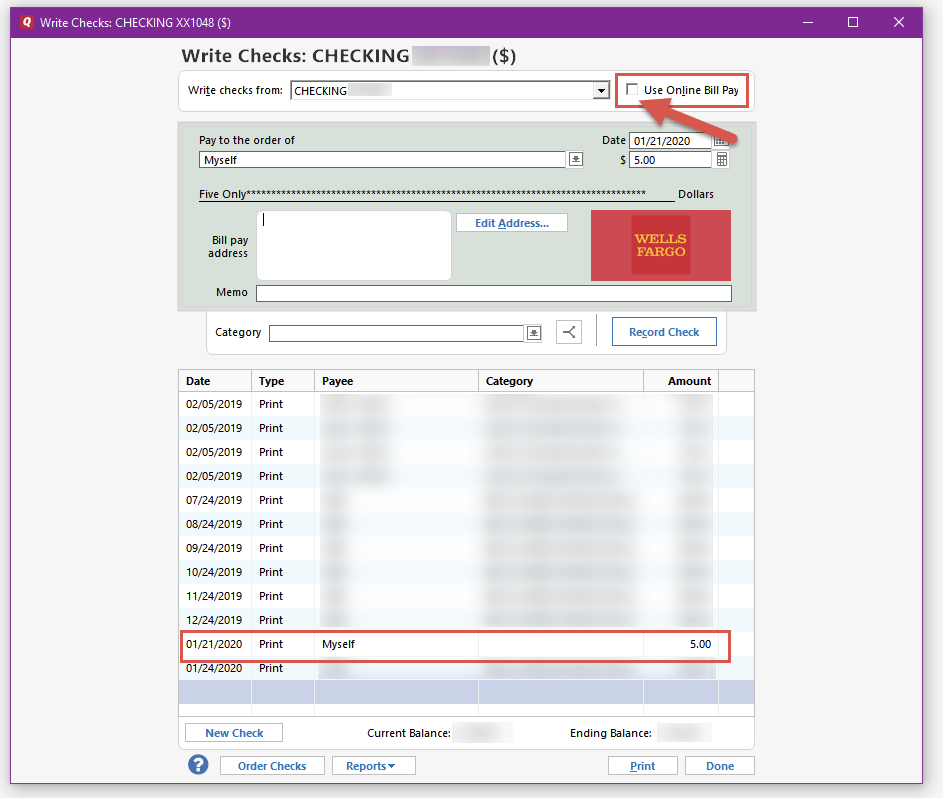 Check writing, new payee requires address field not be blank — Quicken