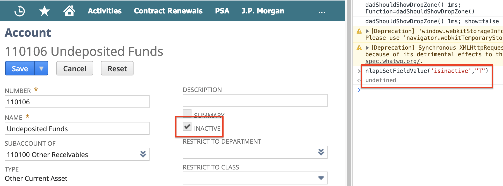 How to inactivate account "Undeposited Funds"? — Oracle NetSuite