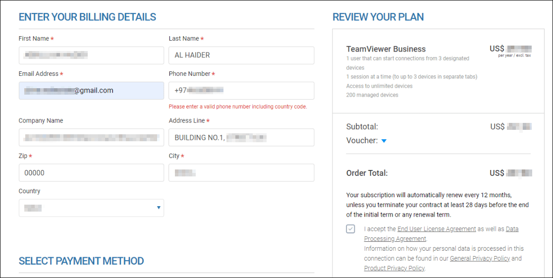 Please enter a valid phone number including country code — TeamViewer