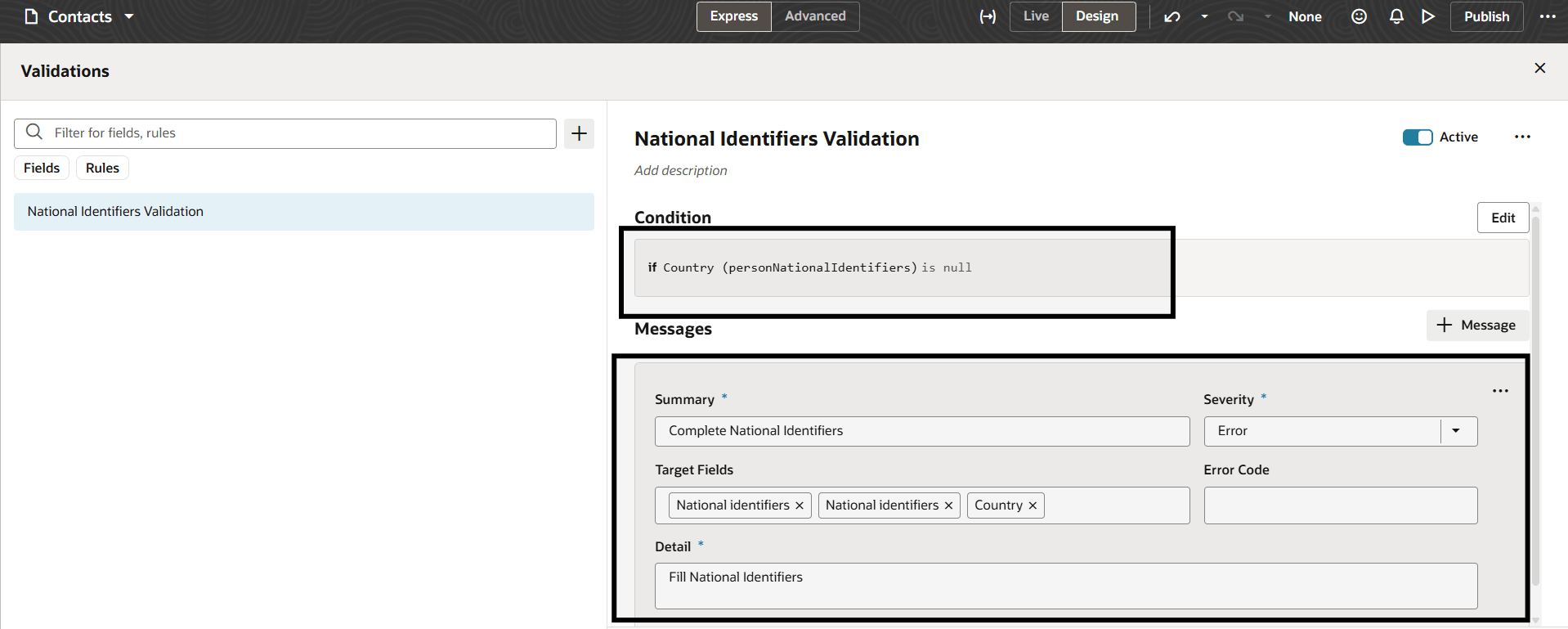 Validation warning message not triggered for National Identifier