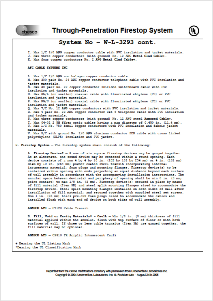 Reading UL Systems Firestop Abesco, Ct120, firestop, firestop device