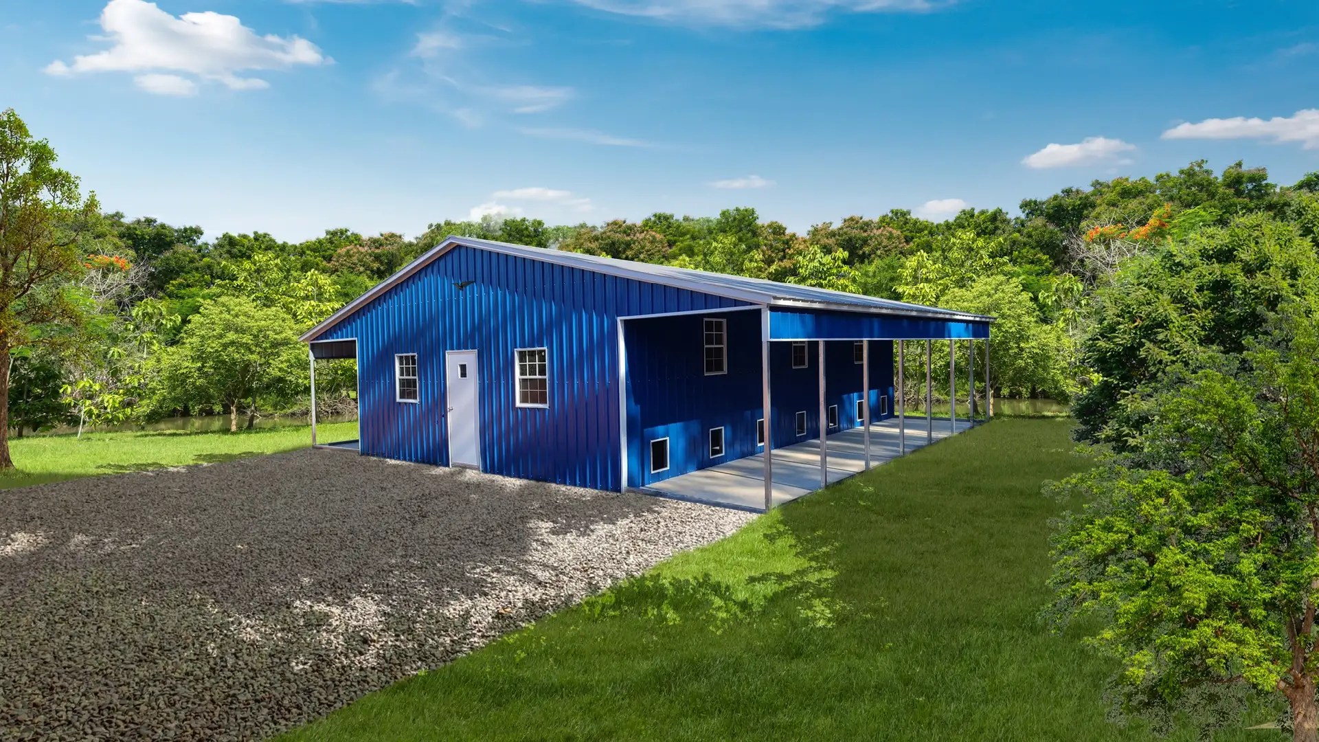 Vertical Roof Metal Barns 42x35x10/8 with 8F wide Leanto USA Steel Buildings Florida