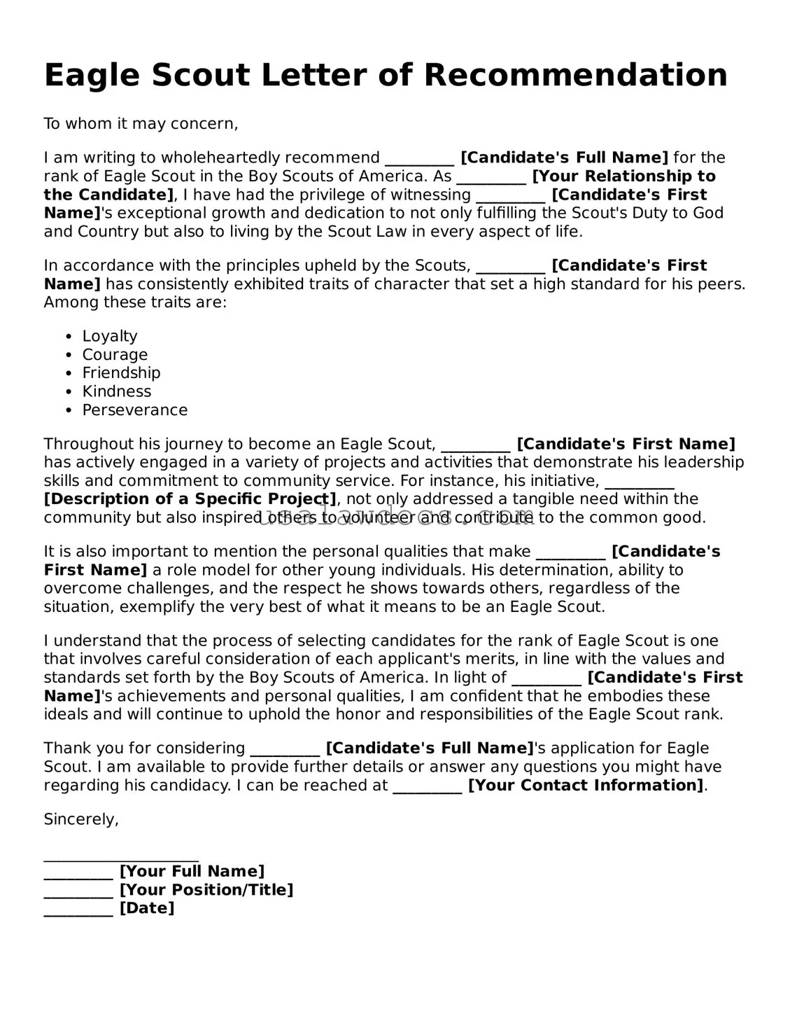 Free Eagle Scout Letter of Recommendation Template ᐈ Simple PDF Form